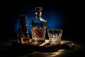 A creative shot of a tequila bottle and glass in a dramatic lighting setup, giving the impression of a high-end luxury product. Generative AI photo