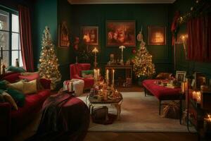 A cozy living room draped in plush fabrics in red and forest green with golden accents, a pile of presents wrapped in luxurious paper with ribbon cascading off the sides of a table. Generative AI photo