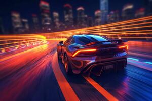 High speed Car on a racetrack, with a trail of neon lights following its path, symbolizing speed, performance, and a futuristic aesthetic. Generative AI photo