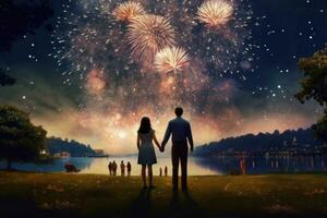 A couple holding hands and watching the fireworks display, with a romantic atmosphere and a patriotic theme. Generative AI photo