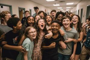 A crowded hallway filled with students laughing, talking and hugging as they celebrate the last day of school. Capture emotional moments and friendships. Generative AI photo