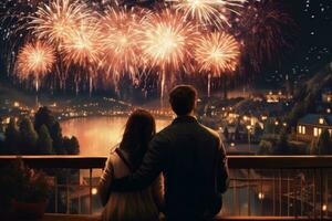 A couple holding hands and watching the fireworks display, with a romantic atmosphere and a patriotic theme. Generative AI photo