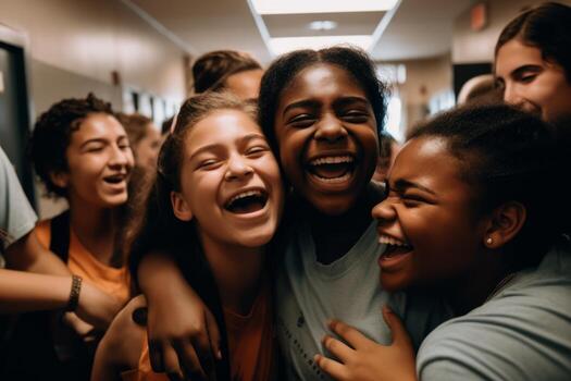 A crowded hallway filled with students laughing, talking and hugging as they celebrate the last day of school. Capture emotional moments and friendships. Generative AI photo