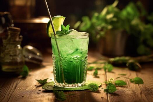 A creative shot of a green cocktail with a shamrock straw and traditional Irish elements on a rustic wooden table. Generative AI photo