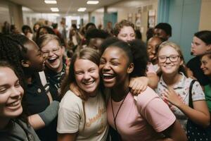 A crowded hallway filled with students laughing, talking and hugging as they celebrate the last day of school. Capture emotional moments and friendships. Generative AI photo