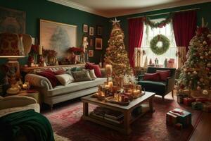 A cozy living room draped in plush fabrics in red and forest green with golden accents, a pile of presents wrapped in luxurious paper with ribbon cascading off the sides of a table. Generative AI photo