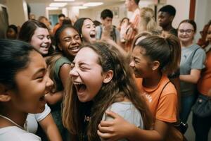 A crowded hallway filled with students laughing, talking and hugging as they celebrate the last day of school. Capture emotional moments and friendships. Generative AI photo