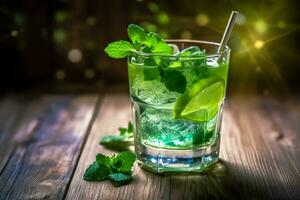 A creative shot of a green cocktail with a shamrock straw and traditional Irish elements on a rustic wooden table. Generative AI photo