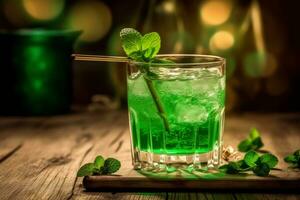 A creative shot of a green cocktail with a shamrock straw and traditional Irish elements on a rustic wooden table. Generative AI photo