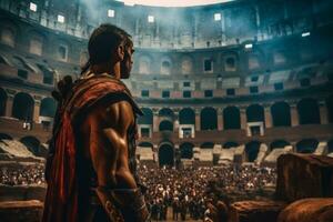 A dramatic shot of a gladiator in the Colosseum, showcasing the intensity and spectacle of Roman entertainment. Generative AI photo