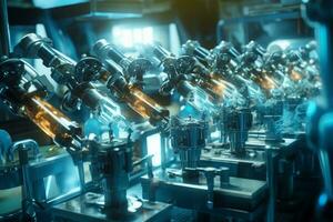 A dramatic shot of robotic arms in action, handling vials and ensuring the accuracy and speed of the production process. Generative Ai photo