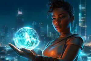 A cyborg woman holding a glowing orb in her hands, with a futuristic cityscape in the background. Generative AI photo
