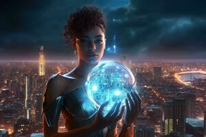 A cyborg woman holding a glowing orb in her hands, with a futuristic cityscape in the background. Generative AI photo