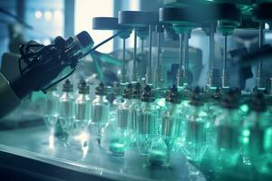 A dramatic shot of robotic arms in action, handling vials and ensuring the accuracy and speed of the production process. Generative Ai photo