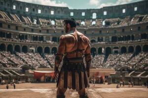 A dramatic shot of a gladiator in the Colosseum, showcasing the intensity and spectacle of Roman entertainment. Generative AI photo