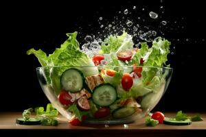 A dynamic image capturing the process of tossing an iceberg salad in a bowl. The motion of the salad ingredients creates a sense of energy and freshness. Generative AI photo