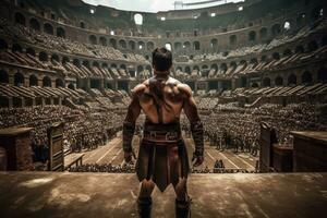 un dramático Disparo de un gladiador en el coliseo, exhibiendo el intensidad y espectáculo de romano entretenimiento. generativo ai foto