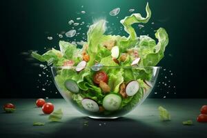 A dynamic image capturing the process of tossing an iceberg salad in a bowl. The motion of the salad ingredients creates a sense of energy and freshness. Generative AI photo