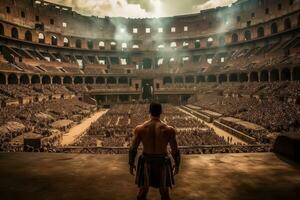 un dramático Disparo de un gladiador en el coliseo, exhibiendo el intensidad y espectáculo de romano entretenimiento. generativo ai foto