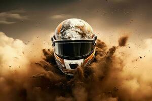 A driver's helmet suspended in mid-air, surrounded by swirling clouds of dust and dirt, giving the impression of a high-speed race in progress. Generative AI photo