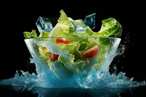 A dynamic image capturing the process of tossing an iceberg salad in a bowl. The motion of the salad ingredients creates a sense of energy and freshness. Generative AI photo