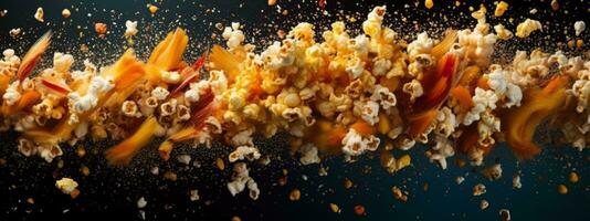 A dynamic image of popcorn being tossed into the air, with kernels forming a popcorn explosion, accompanied by vibrant colors and motion trails. Concept web banner. Generative AI photo