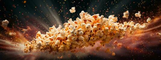 A dynamic image of popcorn being tossed into the air, with kernels forming a popcorn explosion, accompanied by vibrant colors and motion trails. Concept web banner. Generative AI photo