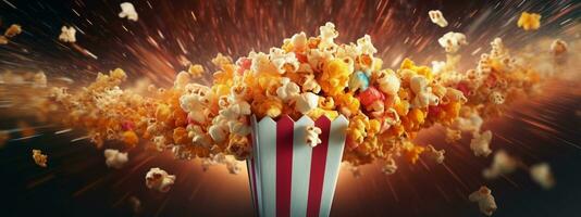 A dynamic image of popcorn being tossed into the air, with kernels forming a popcorn explosion, accompanied by vibrant colors and motion trails. Concept web banner. Generative AI photo