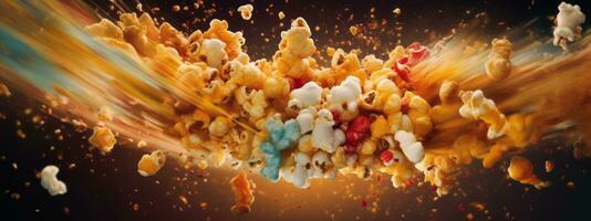 A dynamic image of popcorn being tossed into the air, with kernels forming a popcorn explosion, accompanied by vibrant colors and motion trails. Concept web banner. Generative AI photo