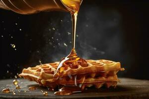 A dynamic shot of a hand pouring maple syrup over a perfectly cooked waffle, capturing the moment when the syrup cascades down the edges, creating a mouthwatering visual. Generative AI photo