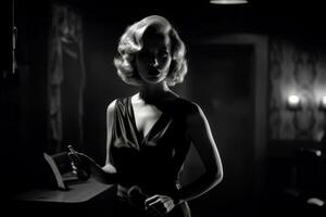 A film noir-inspired image of a woman in a elegant dress, holding a smoking gun and standing in a dimly-lit room. The image be black and white with high contrast. Generative AI photo