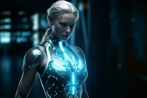 A shot of an attractive female android with bioluminescent silicone. Generative AI photo