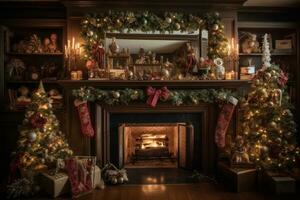 A fireplace mantel covered in decorated Christmas trees, garlands of tinsel, gingerbread houses, old antique ornaments with handwritten notes tied to branches about family memories. Generative AI photo