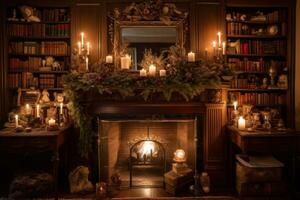 A fireplace mantel covered in decorated Christmas trees, garlands of tinsel, gingerbread houses, old antique ornaments with handwritten notes tied to branches about family memories. Generative AI photo