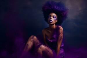 A model wearing makeup with a purple amethyst-colored palette, against a textured background, with a sense of bold and playful beauty. Concept of experimentation and creativity. Generative AI photo