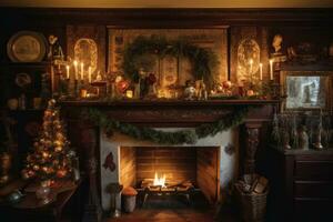 A fireplace mantel covered in decorated Christmas trees, garlands of tinsel, gingerbread houses, old antique ornaments with handwritten notes tied to branches about family memories. Generative AI photo