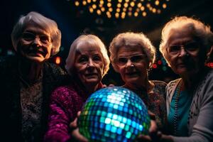 A group of elder friends posing in front of a giant disco ball, reflecting colorful lights and creating an unforgettable scene. Concept of nostalgia and disco-themed atmosphere. Generative AI photo