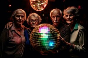 A group of elder friends posing in front of a giant disco ball, reflecting colorful lights and creating an unforgettable scene. Concept of nostalgia and disco-themed atmosphere. Generative AI photo