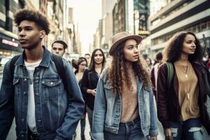 A group of millennials dressed in trendy urban clothing, walking briskly through a busy downtown street, passing by towering skyscrapers. Concept of energy and excitement. Generative AI photo