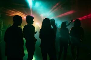 A group of young people dancing in a foggy and atmospheric club setting, surrounded by colorful lights and laser beams. Generative AI photo