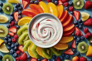 A group of colorful fruit slices arranged around a bowl of yogurt in a fun and playful way. Generative Ai photo