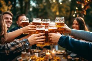 A group of friends clinking their beer mugs together in a toast, with a background of an outdoor beer garden. Generative AI photo