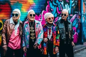 un grupo de Extravagante mayor personas con retro punk trajes posando en frente de un luces de neón muro, decorado con vistoso pintada y calle Arte. generativo ai foto