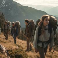 un grupo de joven personas excursionismo mediante un majestuoso montaña rango , con mochilas, cámping engranaje y agua botellas concepto de aventuras y exploración. generativo ai foto