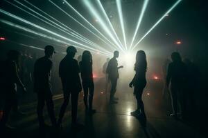 A group of young people dancing in a foggy and atmospheric club setting, surrounded by colorful lights and laser beams. Generative AI photo