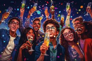 A group of young adults raising their glasses in a toast, with colorful party hats and streamers in the background. Generative AI photo