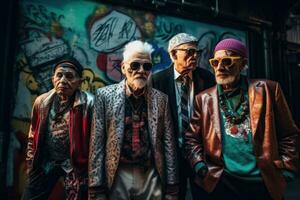 A group of extravagant elder people with retro punk outfits posing in front of a neon-lit wall, decorated with colorful graffiti and street art. Generative AI photo