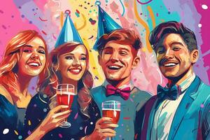 A group of young adults raising their glasses in a toast, with colorful party hats and streamers in the background. Generative AI photo