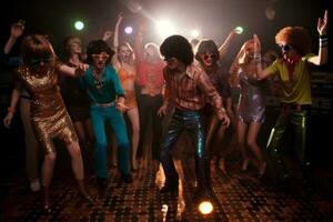 un grupo de joven personas vestido en retro disco trajes, bailando y ranurado a un miedoso golpear en un reluciente danza piso, rodeado por brillante luces y disco pelotas. generativo ai foto