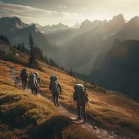 un grupo de joven personas excursionismo mediante un majestuoso montaña rango , con mochilas, cámping engranaje y agua botellas concepto de aventuras y exploración. generativo ai foto